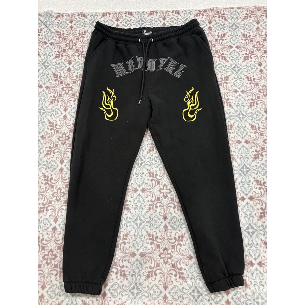 BoohooMAN Mens 2XL Black Flame Graphic Sweatpants Gothic MAN Joggers Streetwear